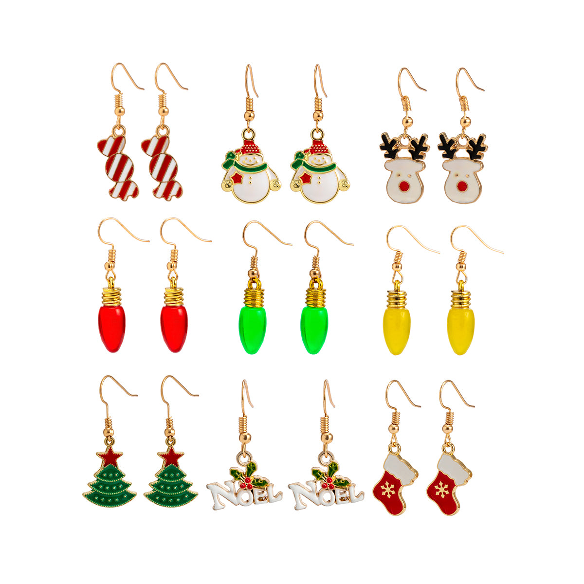 18K Gold-Plated Christmas Icons Nine-Pair Drop Earrings Set, gold drop earrings for women, styled look
