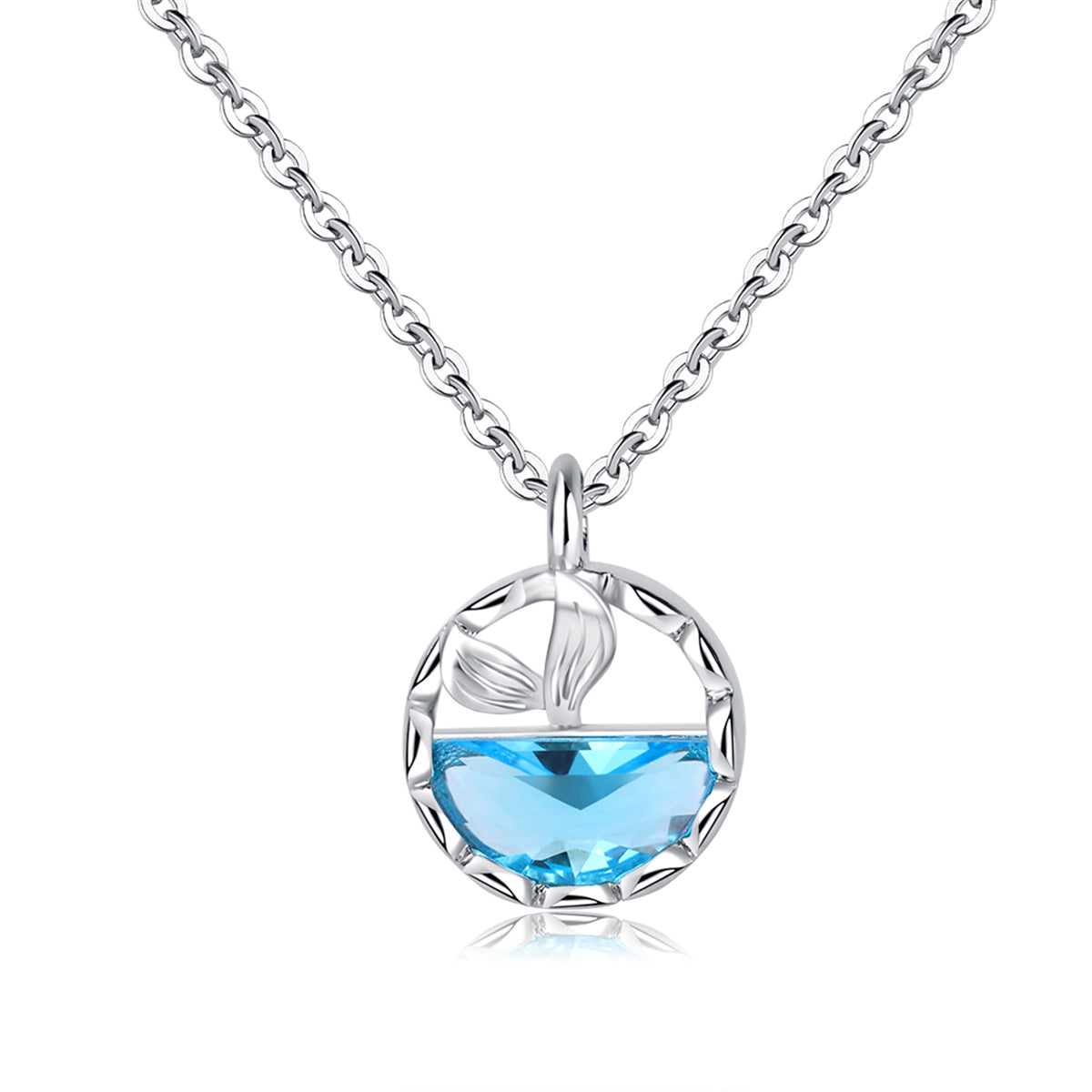 Blue Crystal and Silver-Plated Circular Fishtail Pendant Necklace, silver pendant necklace for women, styled look