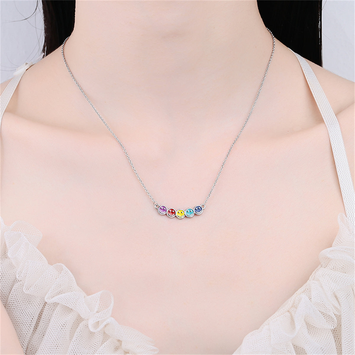 Multicolor Enamel and Silver-Plated Smiley Pendant Necklace, silver pendant necklace for women, styled look