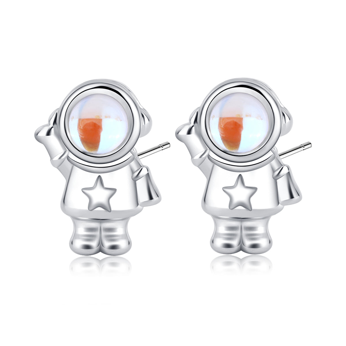 Moonstone and Silver-Plated Astronaut Stud Earrings, silver stud earrings for women, elegant gift for her, styled look