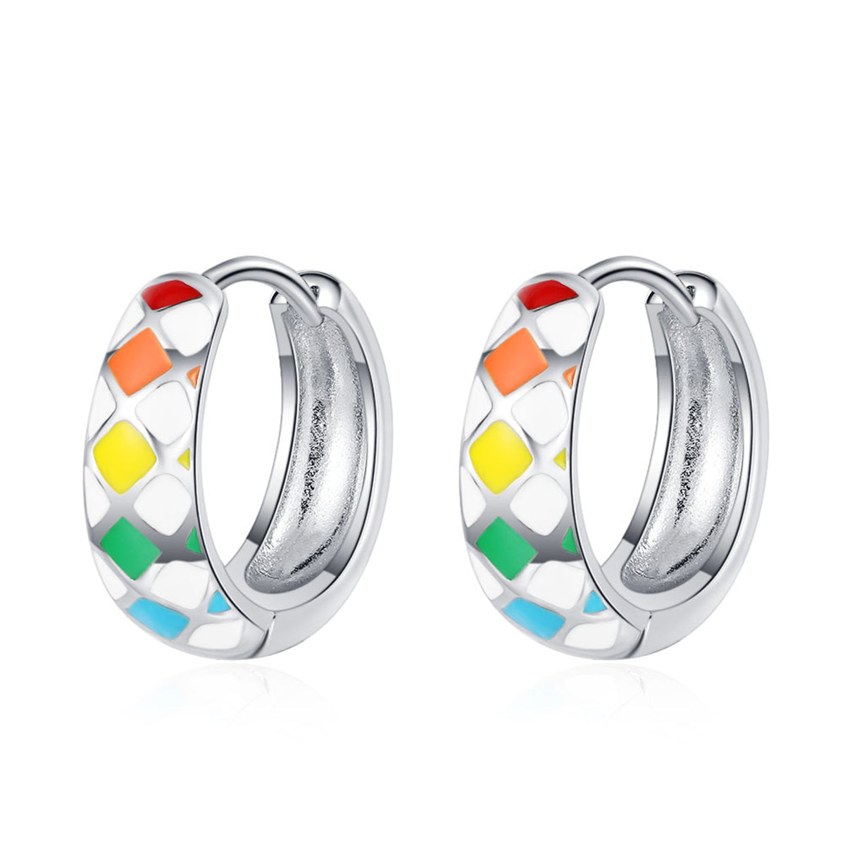 Yellow Enamel and Silver-Plated Geometric Huggie Earrings, silver huggie earrings, dainty minimalist design, styled look