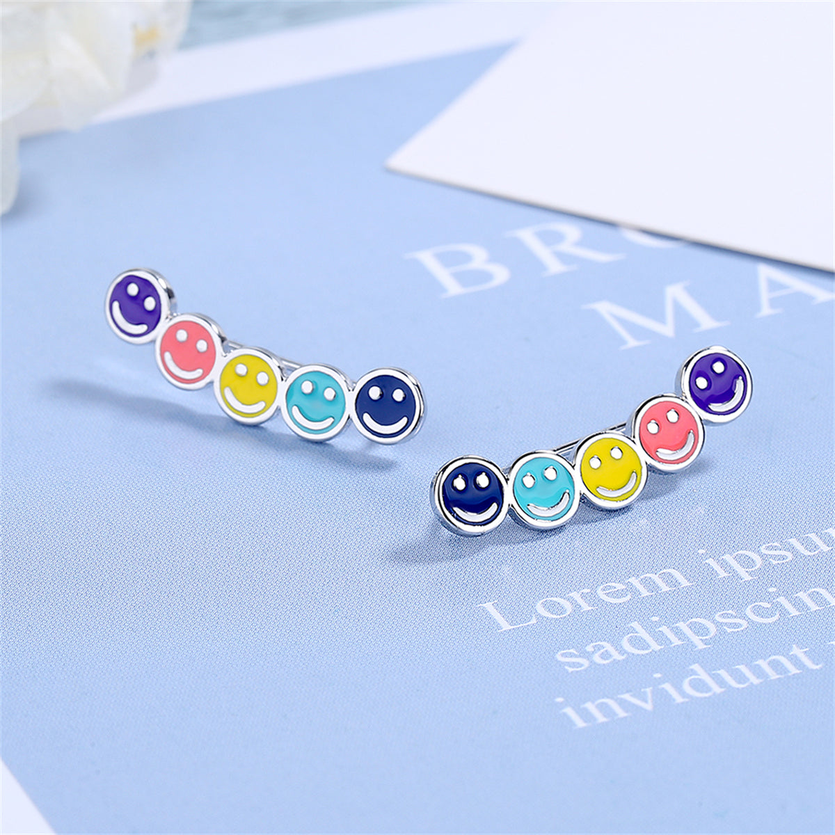Multicolor & Silver-Plated Smiley Ear Climbers