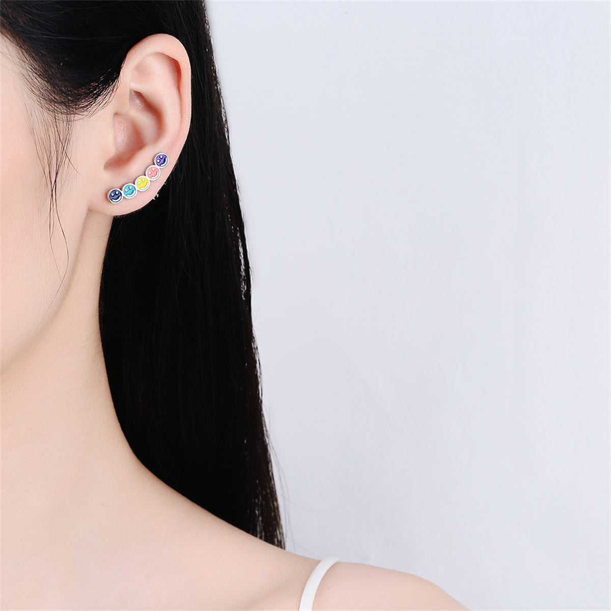 Multicolor and Silver-Plated Smiley Ear Climbers, silver stud earrings for women, dainty minimalist design, styled look