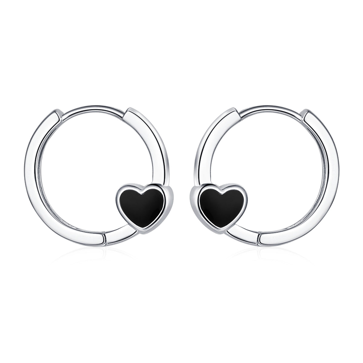 Black Enamel and Silver-Plated Heart Huggie Earrings, silver huggie earrings, botanical inspired, lifestyle look