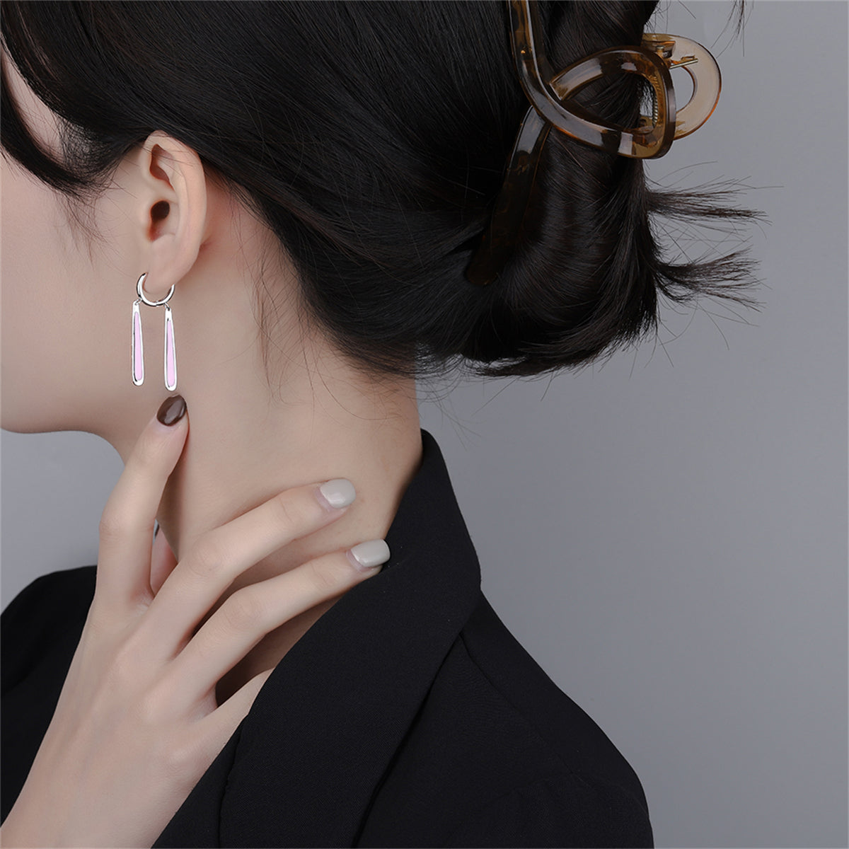 Pink Enamel and Silver-Plated Drop Huggie Earrings, silver huggie earrings, dainty minimalist design, styled look