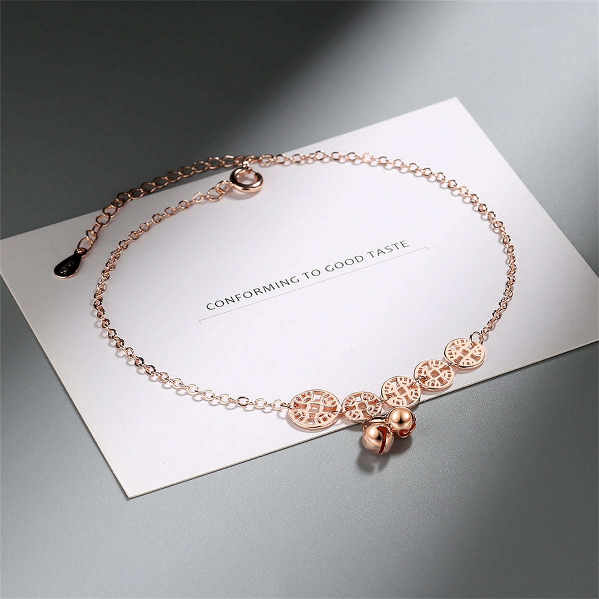 18K Rose Gold-Plated Coins and Bell Anklet, rose gold anklet bracelet, elegant gift for her, side view