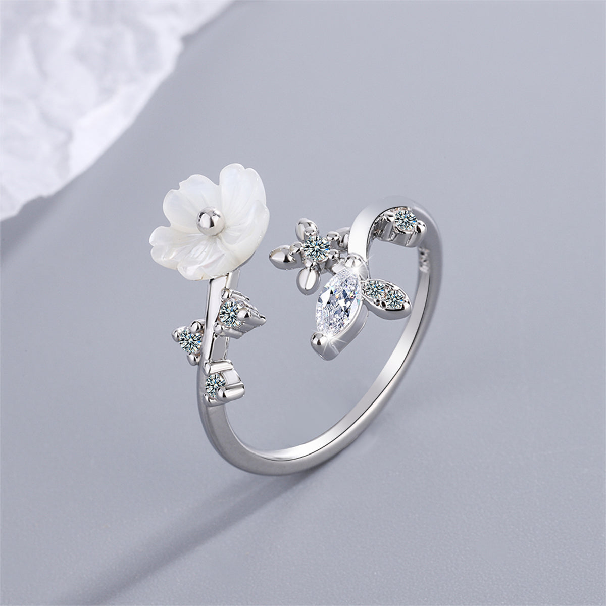 Cubic Zirconia and Shell Silver-Plated Shell Flower Bypass Ring, silver statement rings for women, styled look