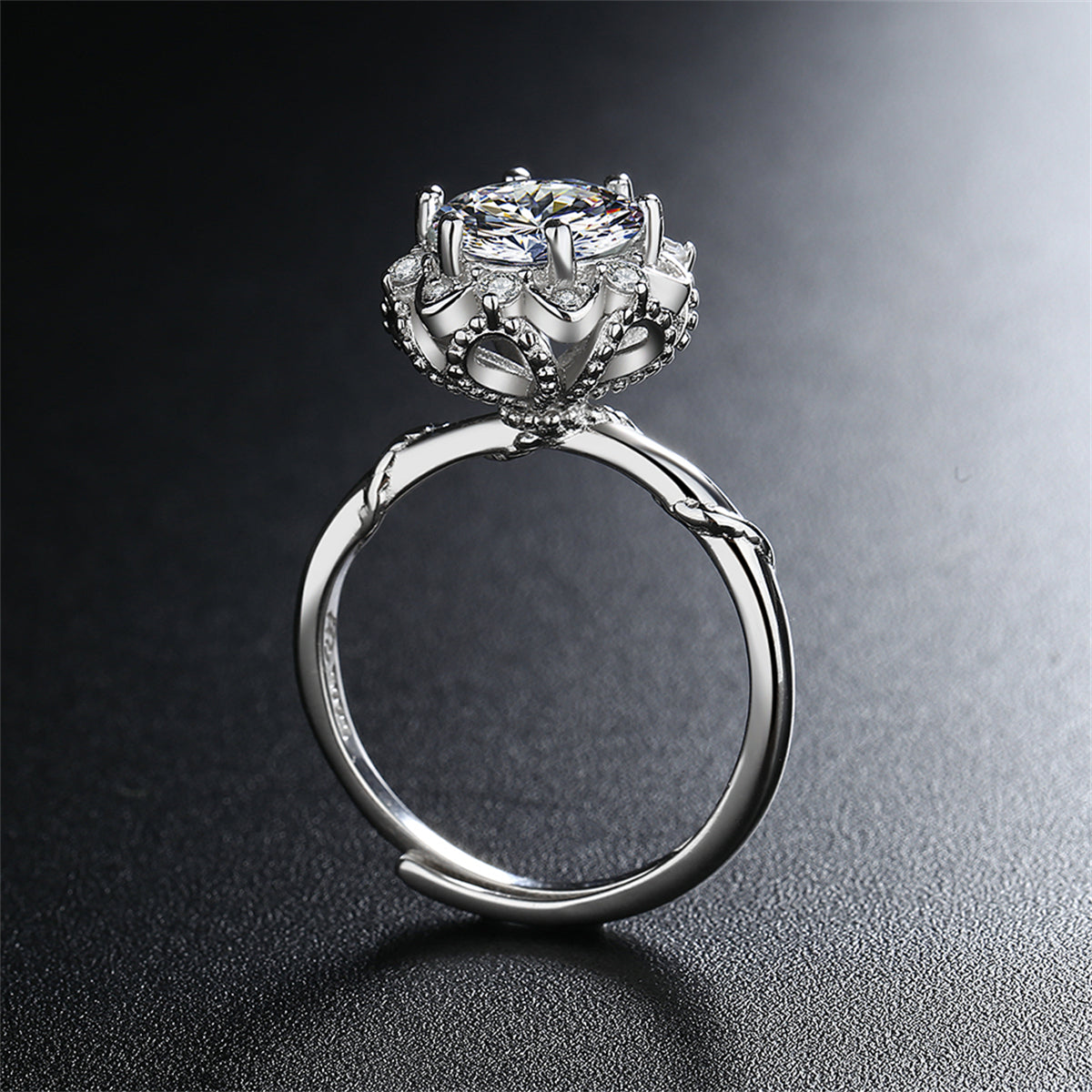 Crystal and Cubic Zirconia Silver-Plated Floral Ring, silver statement rings for women, botanical inspired, lifestyle look