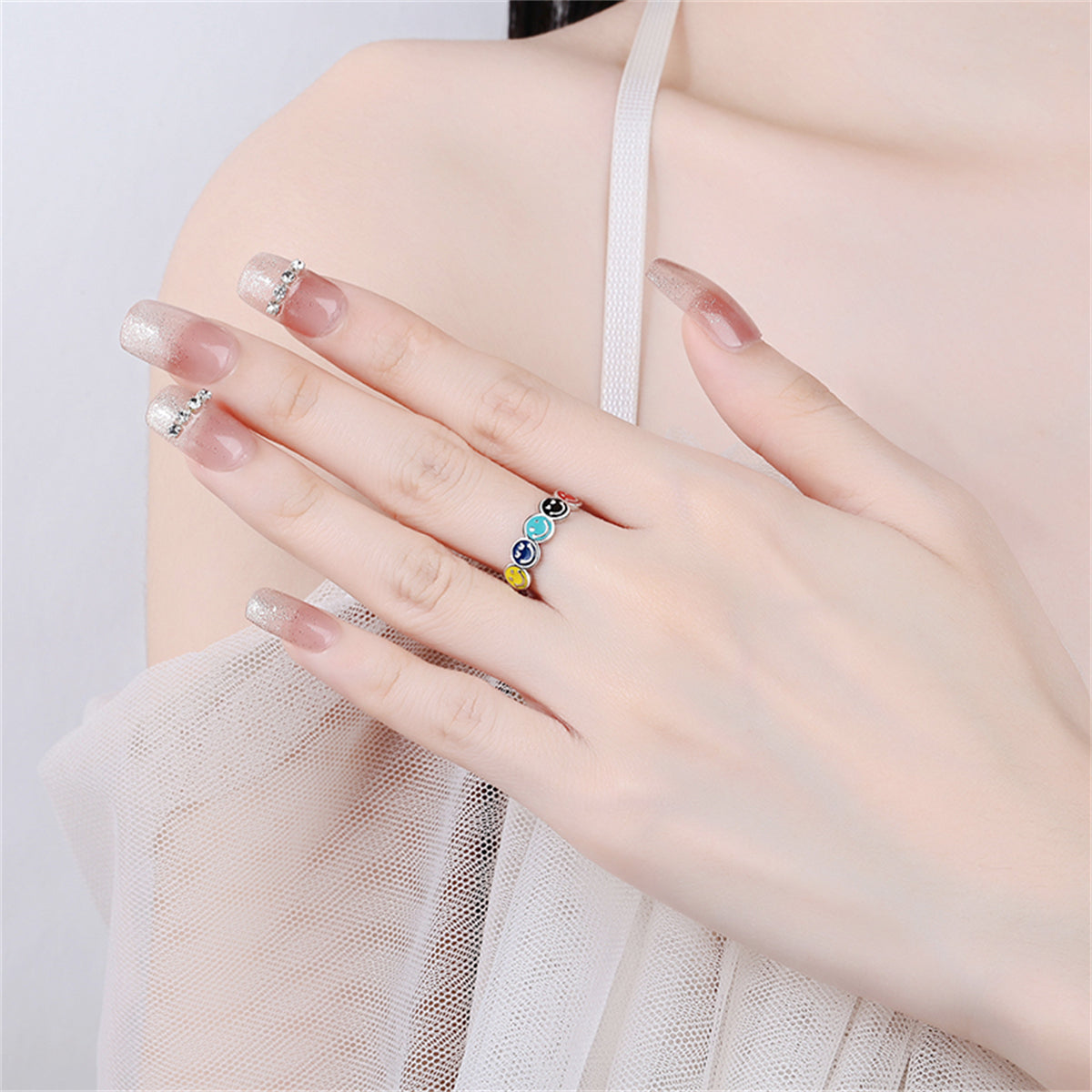 Blue Enamel and Silver-Plated Smiley Open Ring, silver statement rings for women, vintage-inspired design, styled look