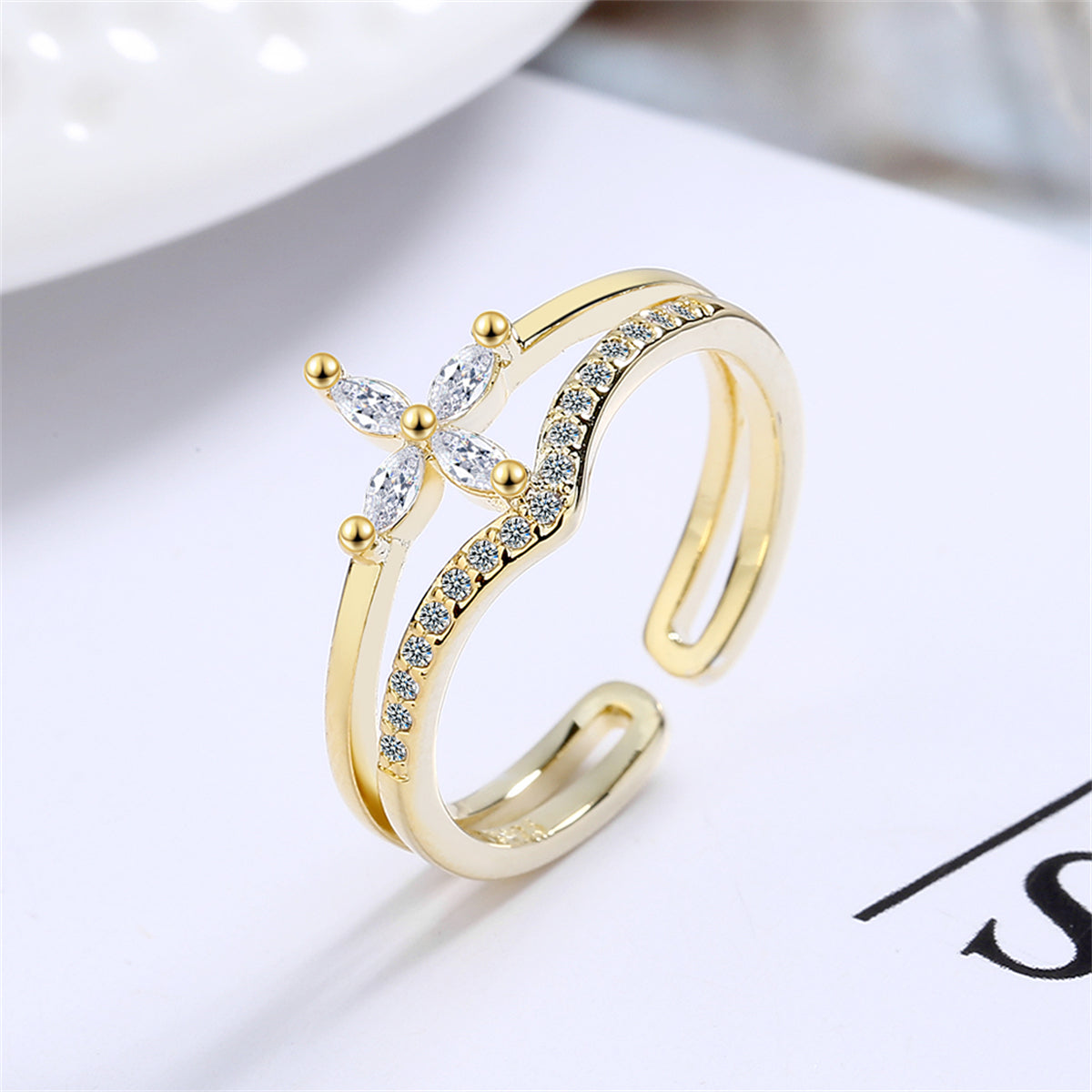 Crystal and Cubic Zirconia 18K Gold-Plated Clover Layered Open Ring, gold statement rings for women, front view