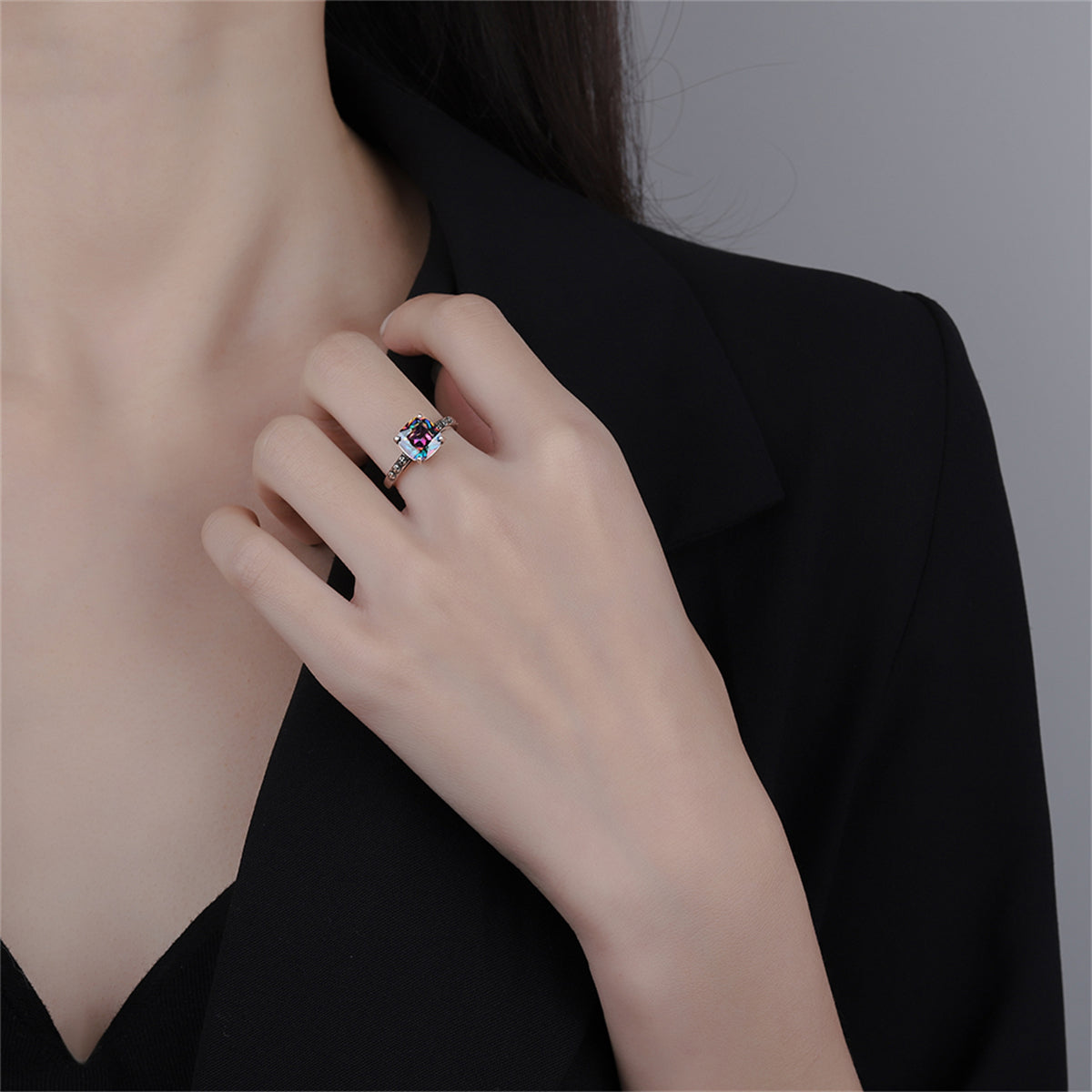 Multicolor Crystal and Silver-Plated Square Ring, silver statement rings for women, dainty minimalist design, styled look