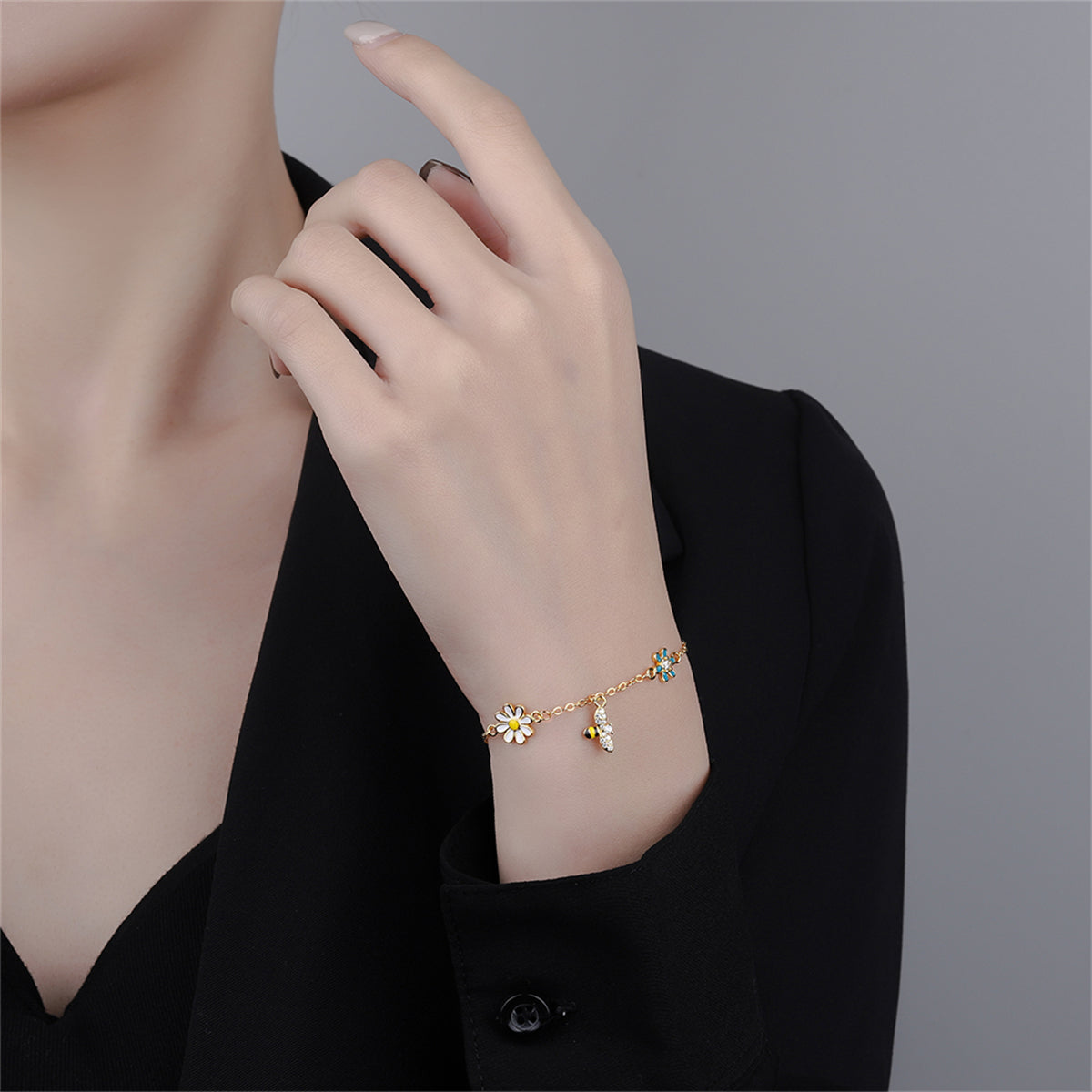 Clear Cubic Zirconia and Enamel 18K Gold-Plated Bee Mum Charm Bracelet, gold bracelet for women, styled look