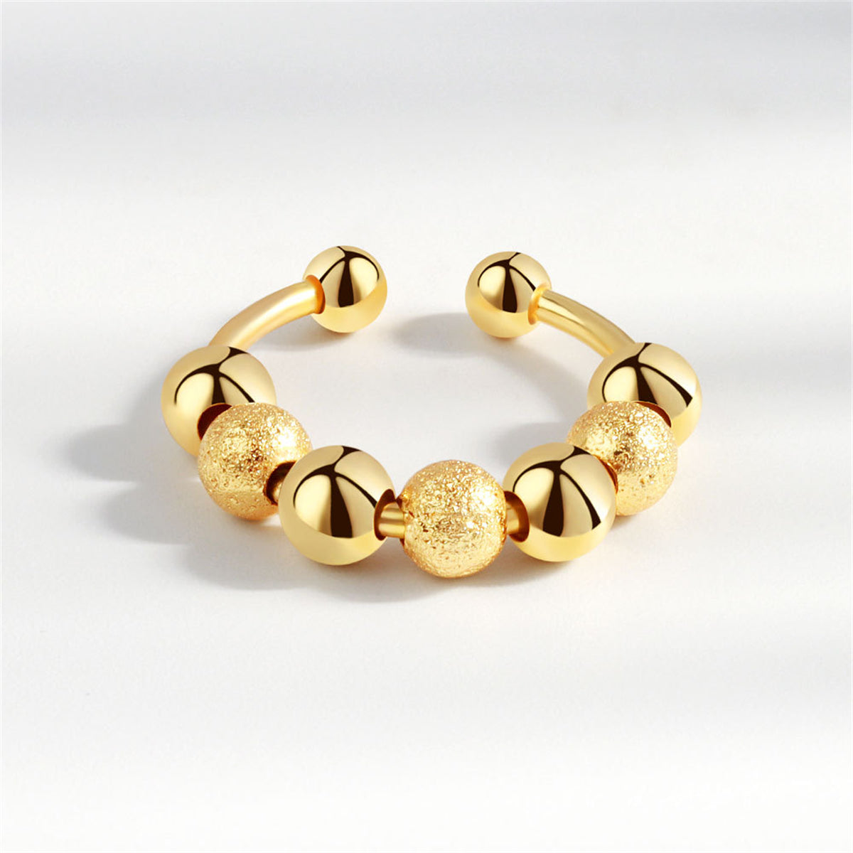 18K Gold-Plated Frosted Beaded Open Ring, gold statement rings for women, vintage-inspired design, detail close-up
