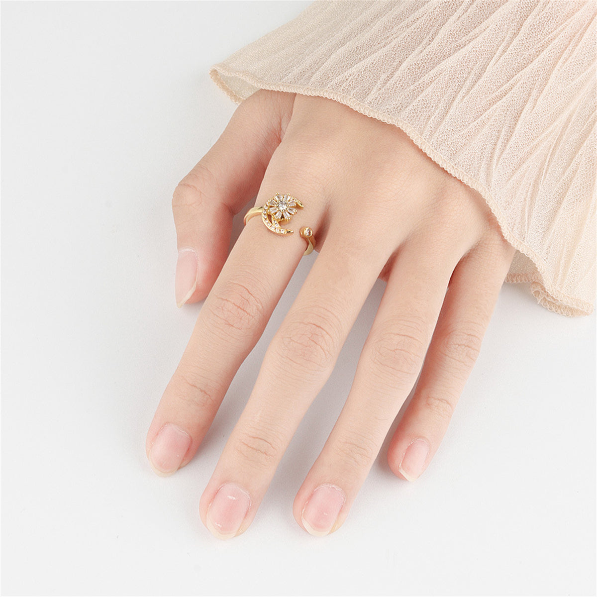 Crystal and 18K Gold-Plated Rotating Flower Moon Open Ring, gold statement rings for women, lifestyle look