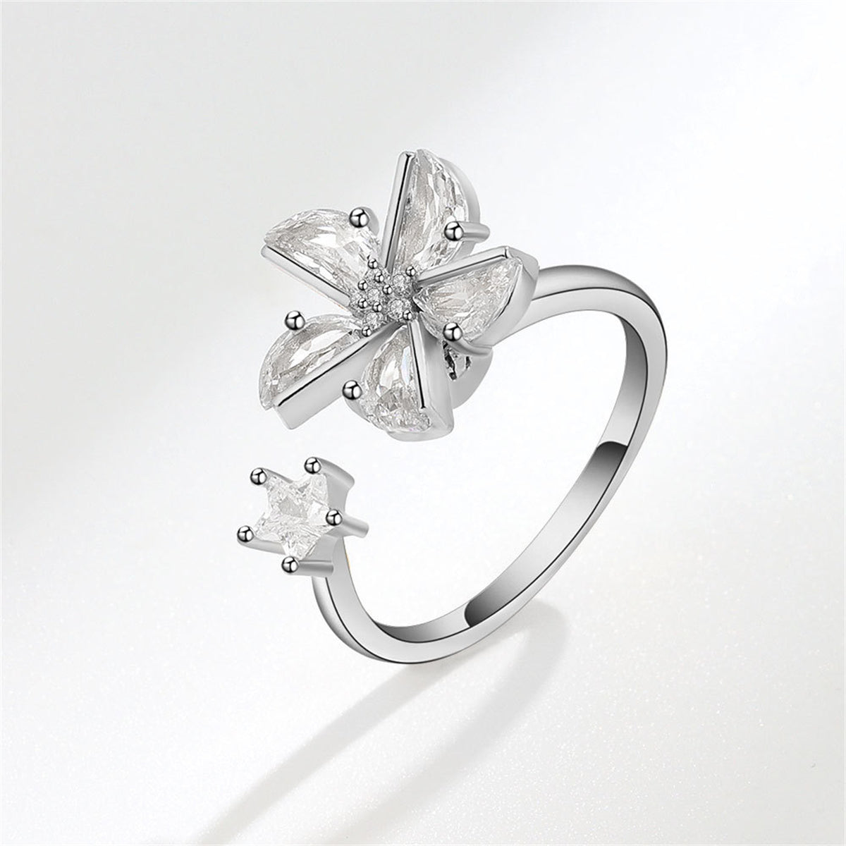 Crystal and Cubic Zirconia Silver-Plated Rotating Windmills Open Ring, silver statement rings for women, front view