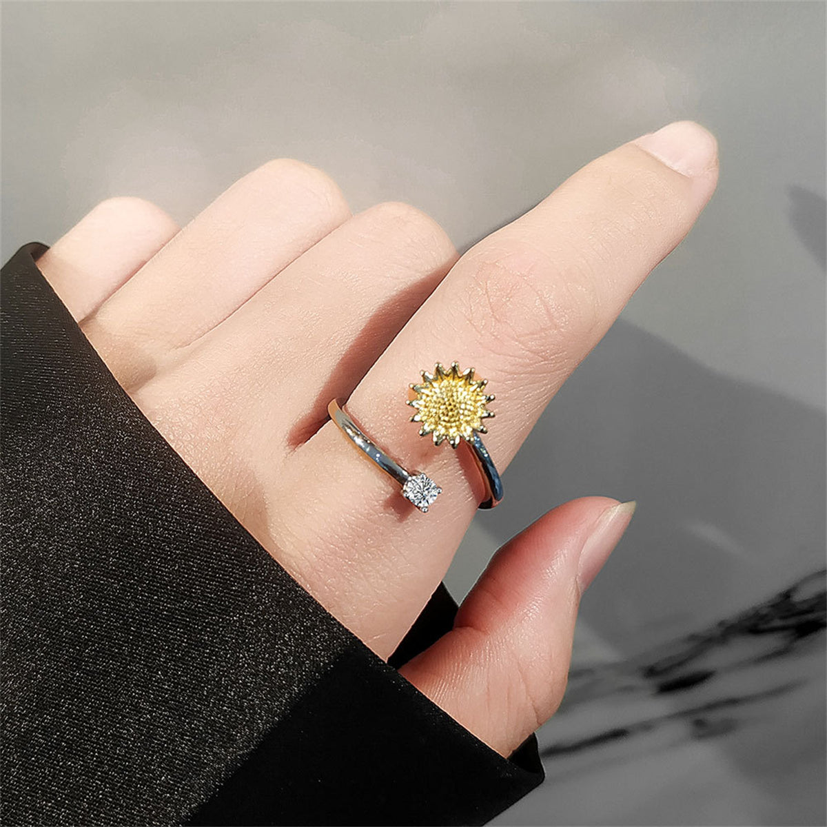Cubic Zirconia and Two-Tone Rotating Sunflower Bypass Ring, statement rings for women, botanical inspired, lifestyle look