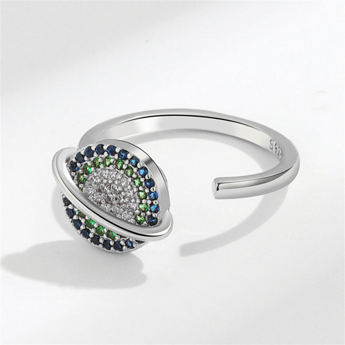 Cubic Zirconia and Silver-Plated Rotatable Planet Open Ring, silver statement rings for women, everyday style, front view