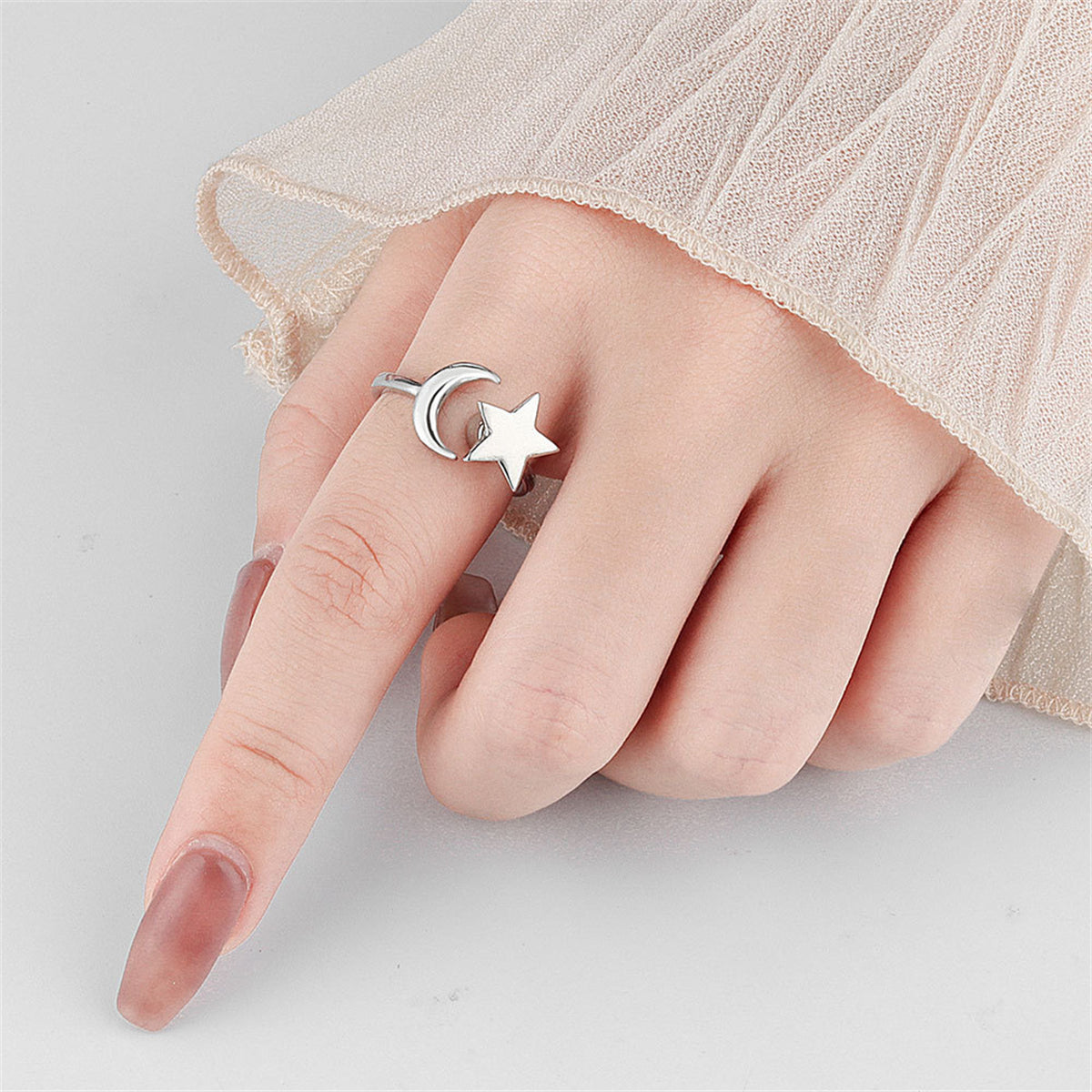 Silver-Plated Rotatable Star and Moon Open Ring, silver statement rings for women, everyday style, styled look