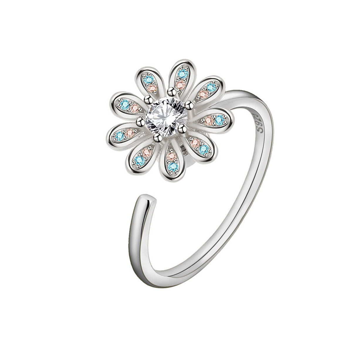 Crystal and Cubic Zirconia Silver-Plated Rotating Flower Open Ring, silver statement rings for women, side view