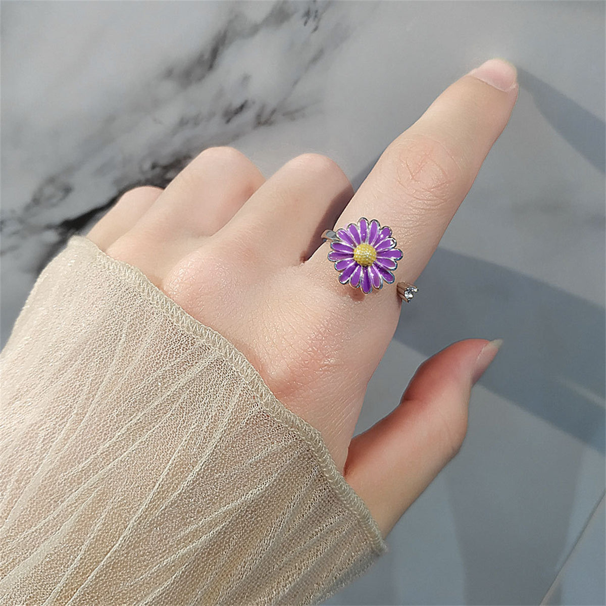 Enamel and Silver-Plated Cubic Zirconia-Accent Rotatable Mum Open Ring, silver statement rings for women, side view