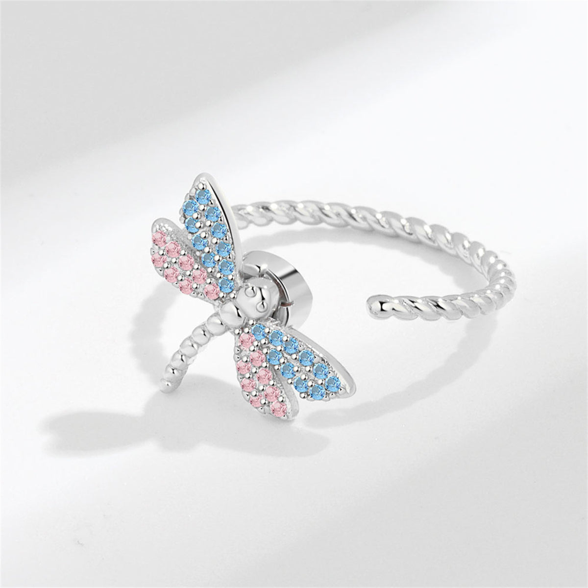 Blue and Pink Cubic Zirconia Silver-Plated Rotating Dragonfly Open Ring, silver statement rings for women, detail close-up