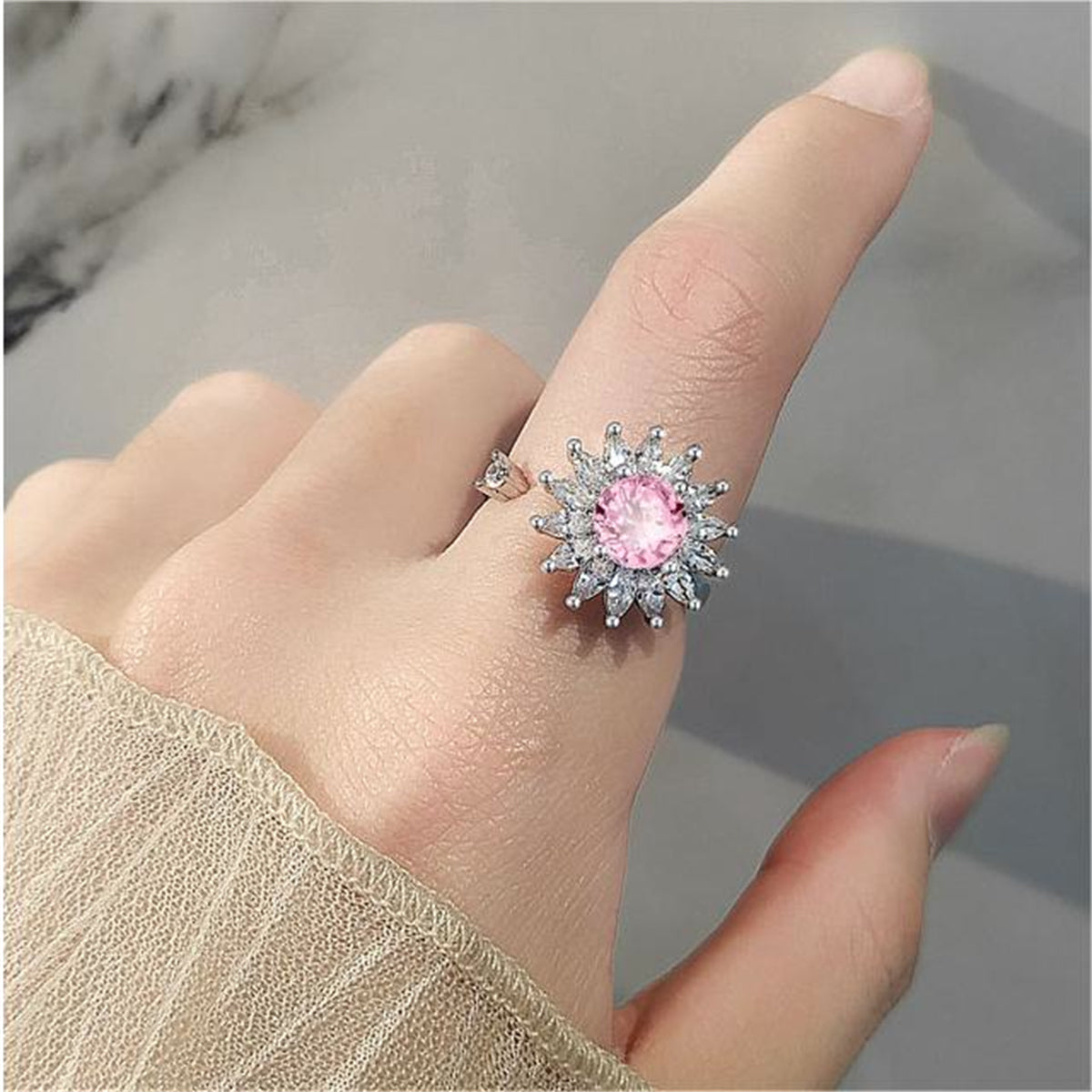 Pink Crystal and Cubic Zirconia Rotating Sunflower Ring, statement rings for women, elegant gift for her, detail close-up