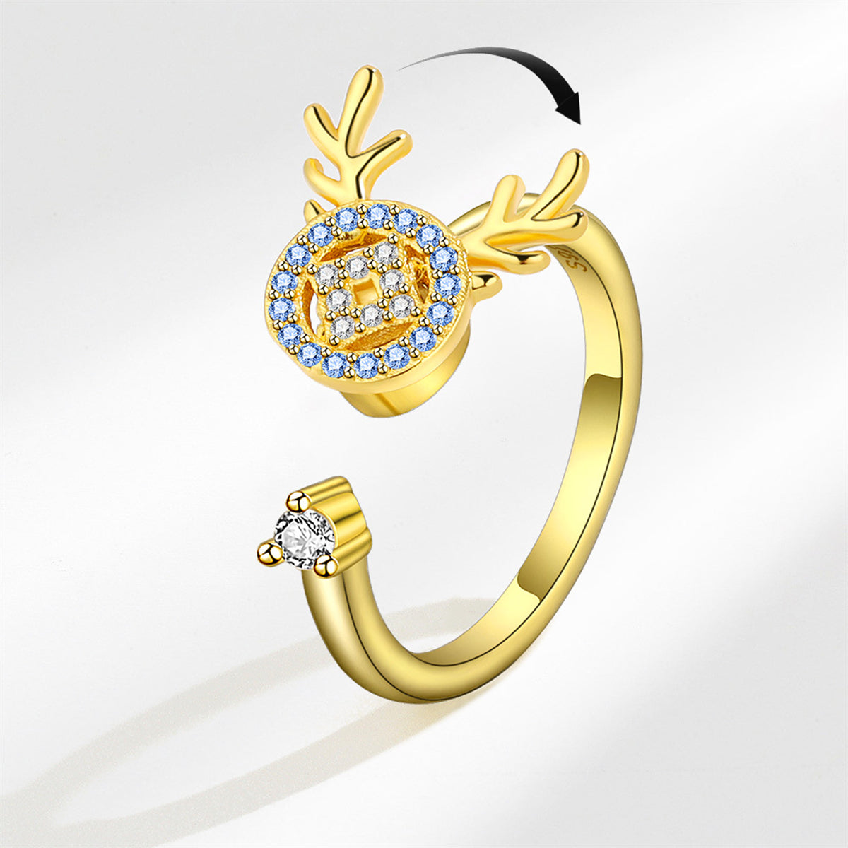Blue Cubic Zirconia and 18K Gold-Plated Antler Rotating Open Ring, gold statement rings for women, side view