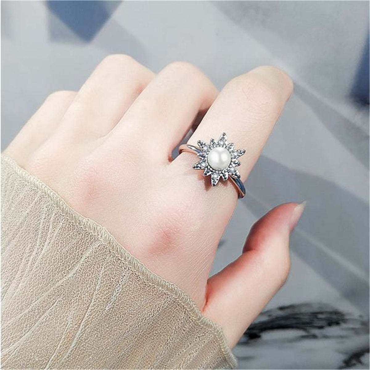 Cubic Zirconia and Pearl Silver-Plated Rotating Flower Open Ring, silver statement rings for women, lifestyle look