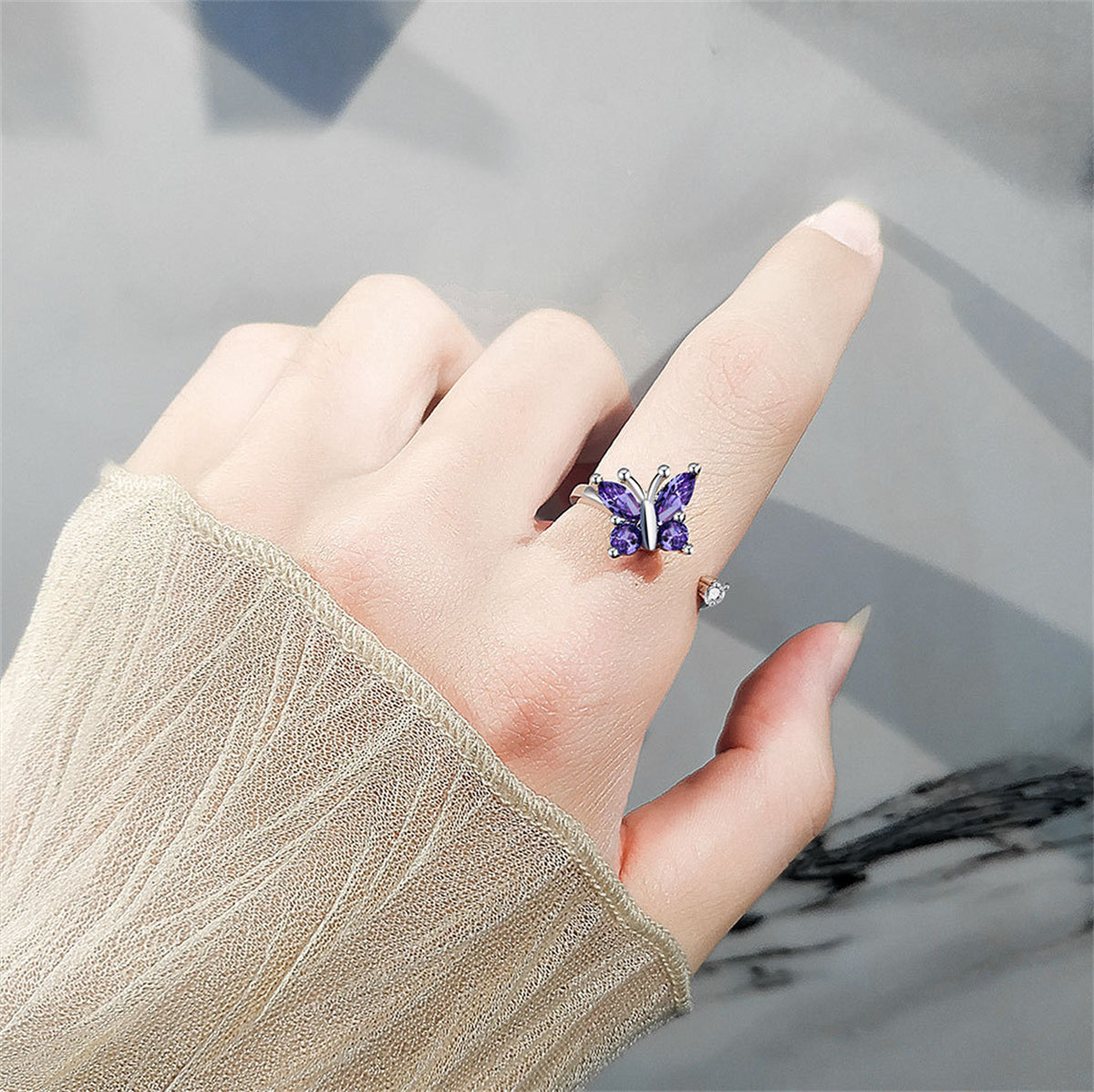 Purple Crystal and Cubic Zirconia Rotating Butterfly Open Ring, statement rings for women, everyday style, styled look