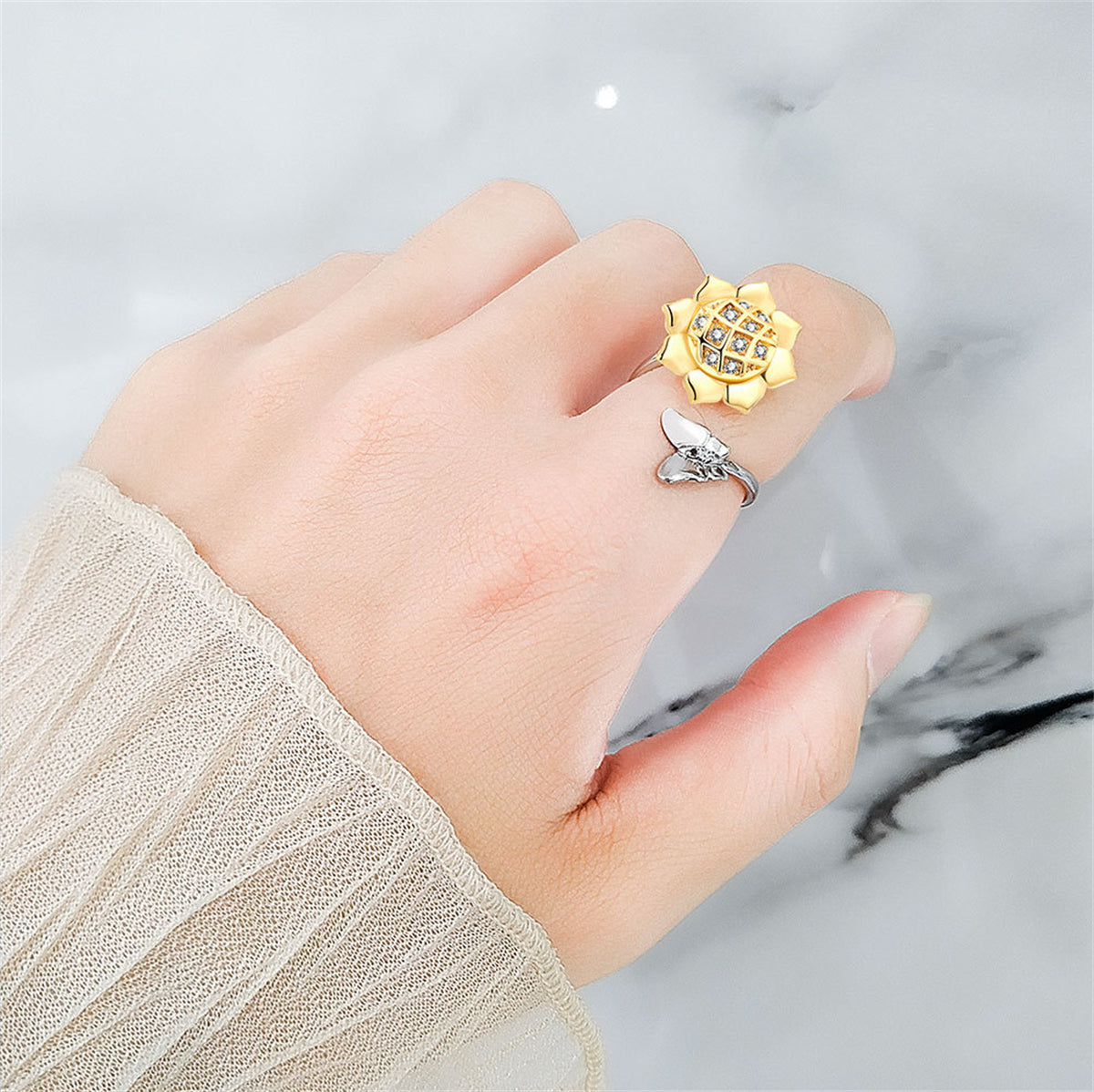 Cubic Zirconia and Two-Tone Rotating Sunflower Bypass Ring, statement rings for women, vintage-inspired design, styled look