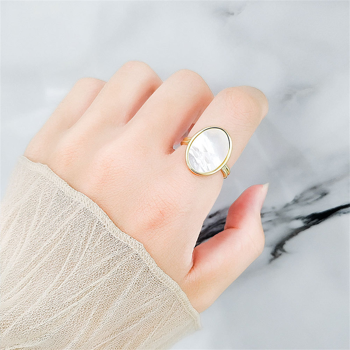 Shell and 18K Gold-Plated Oval Open Ring, gold statement rings for women, everyday style, styled look