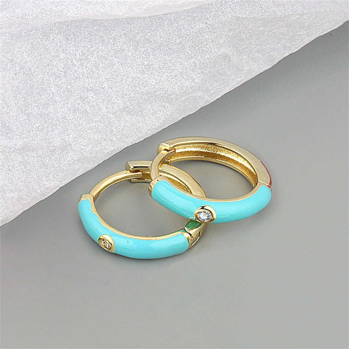 Cyan Enamel and Cubic Zirconia 18K Gold-Plated Huggie Earrings, gold huggie earrings, everyday style, front view