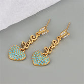Cyan Cubic Zirconia & 18K Gold-Plated 'LOVE' Heart Drop Earrings
