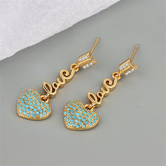 Cyan Cubic Zirconia & 18K Gold-Plated 'LOVE' Heart Drop Earrings