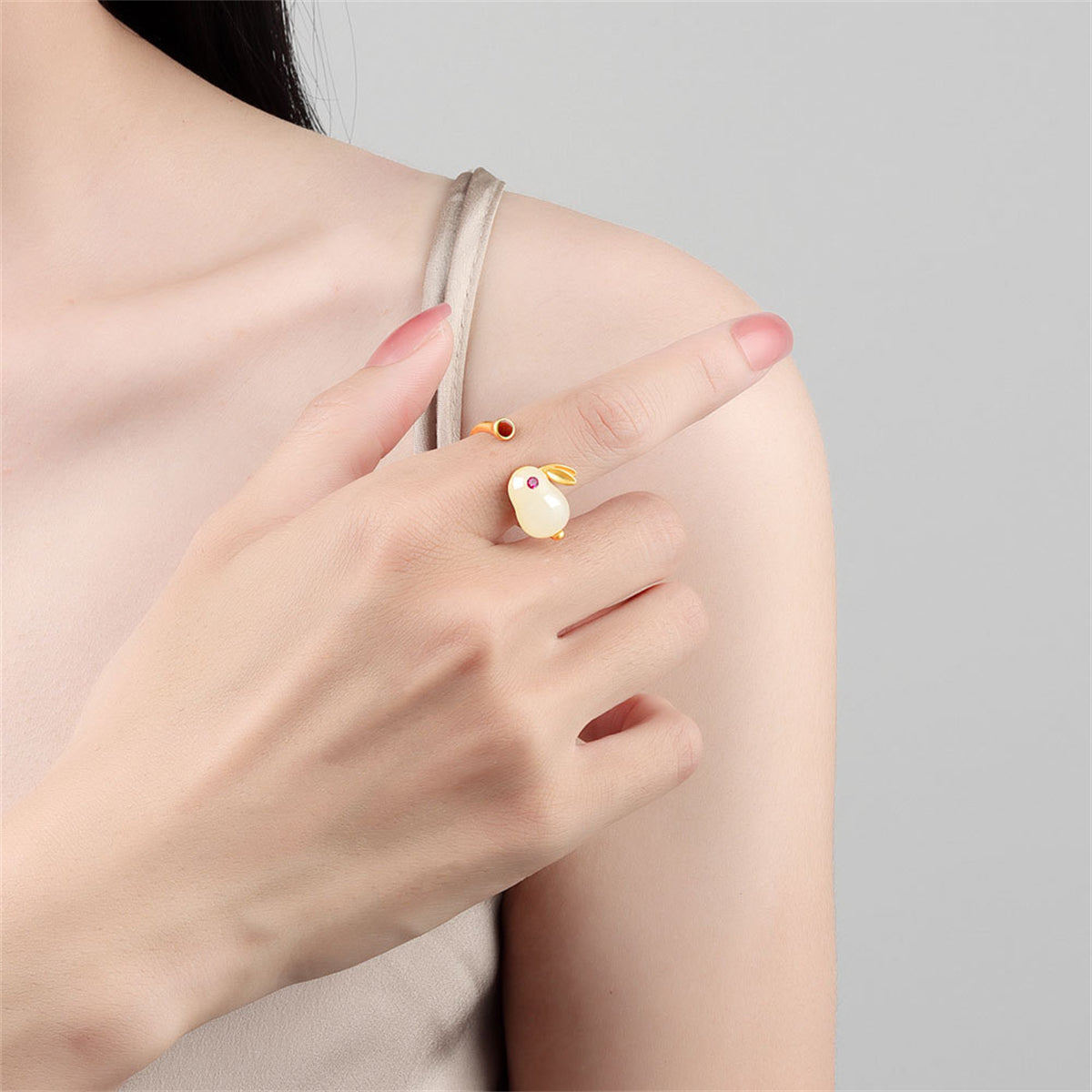 Jade and 18K Gold-Plated Cubic Zirconia-Accent Rabbit Open Ring, gold statement rings for women, lifestyle look