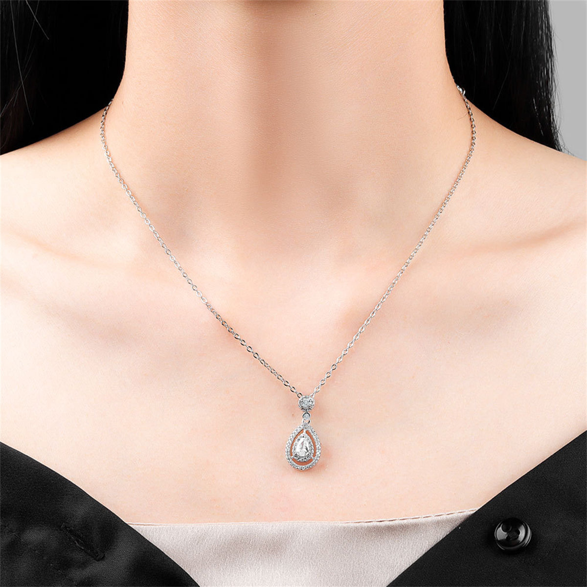 Pear Crystal and Cubic Zirconia Drop Pendant Necklace, pendant necklace for women, botanical inspired, side view
