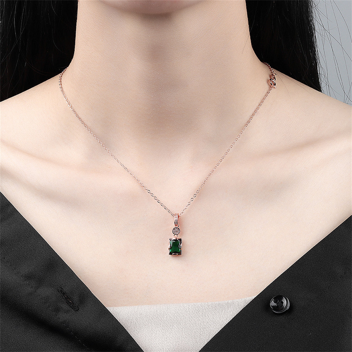 Cubic Zirconia and Green Crystal 18K Rose Gold-Plated Rectangle Pendant Necklace, rose gold pendant necklace..., styled look