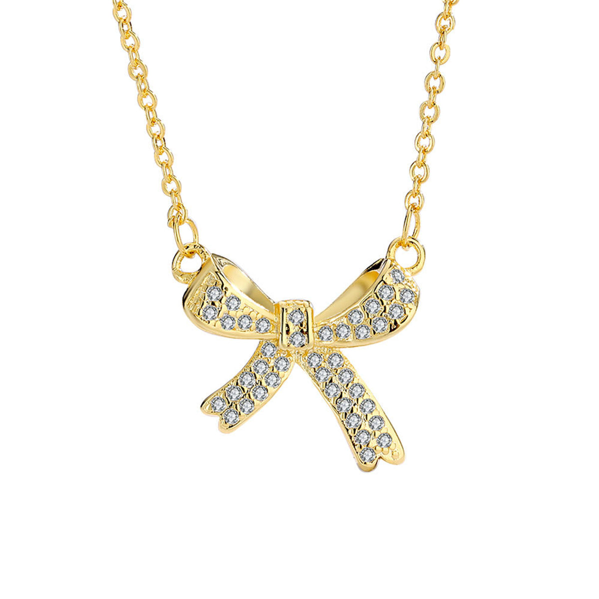 Cubic Zirconia and 18K Gold-Plated Bow Pendant Necklace, gold pendant necklace for women, vintage-inspired design, side view