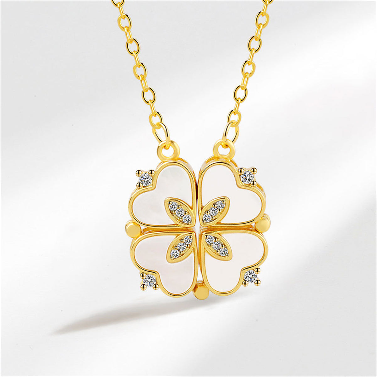 Shell and Cubic Zirconia Clover Heart Pendant Necklace, pendant necklace for women, botanical inspired, detail close-up
