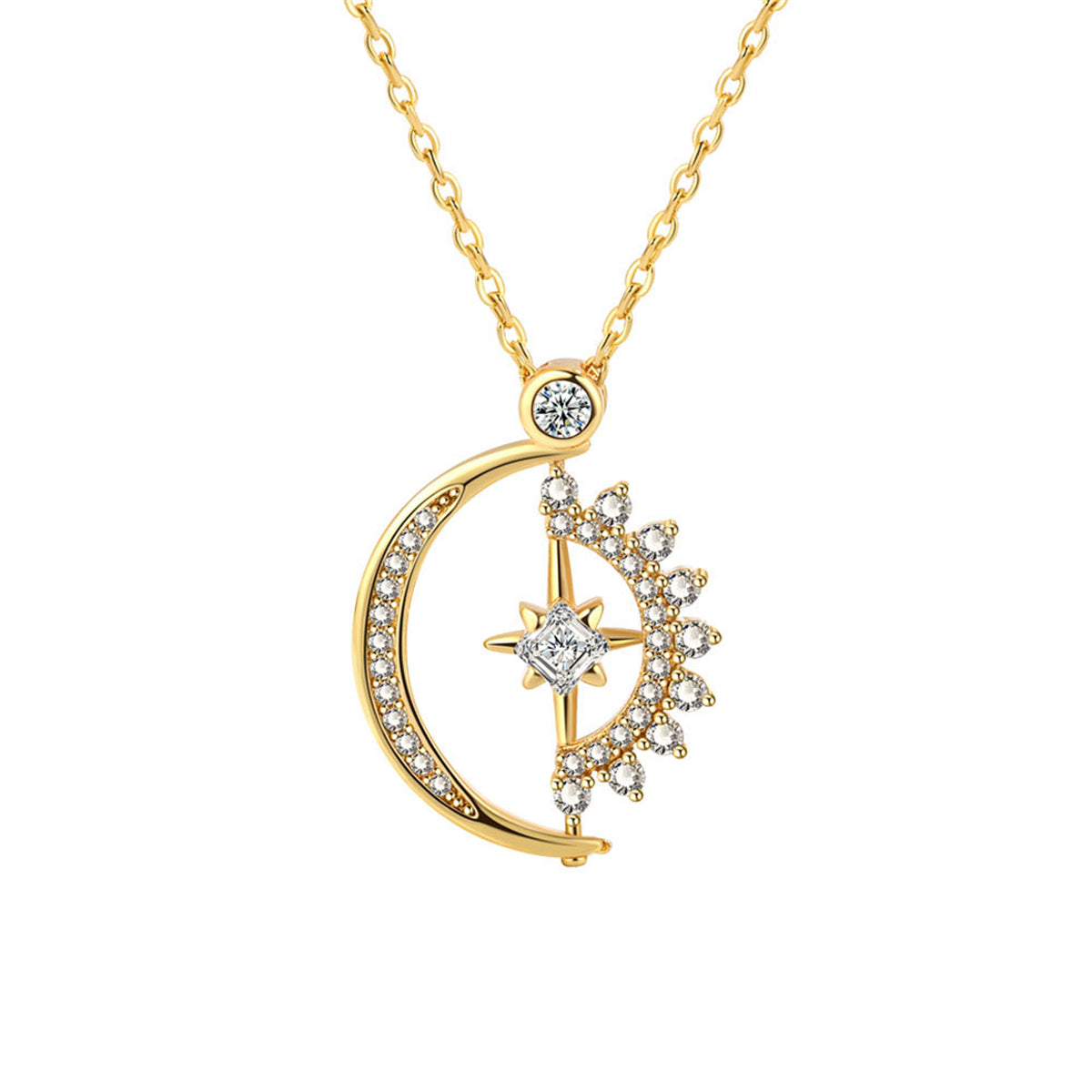 Crystal and Cubic Zirconia 18K Gold-Plated Celestial Spinning Pendant Necklace, gold pendant necklace for women, side view