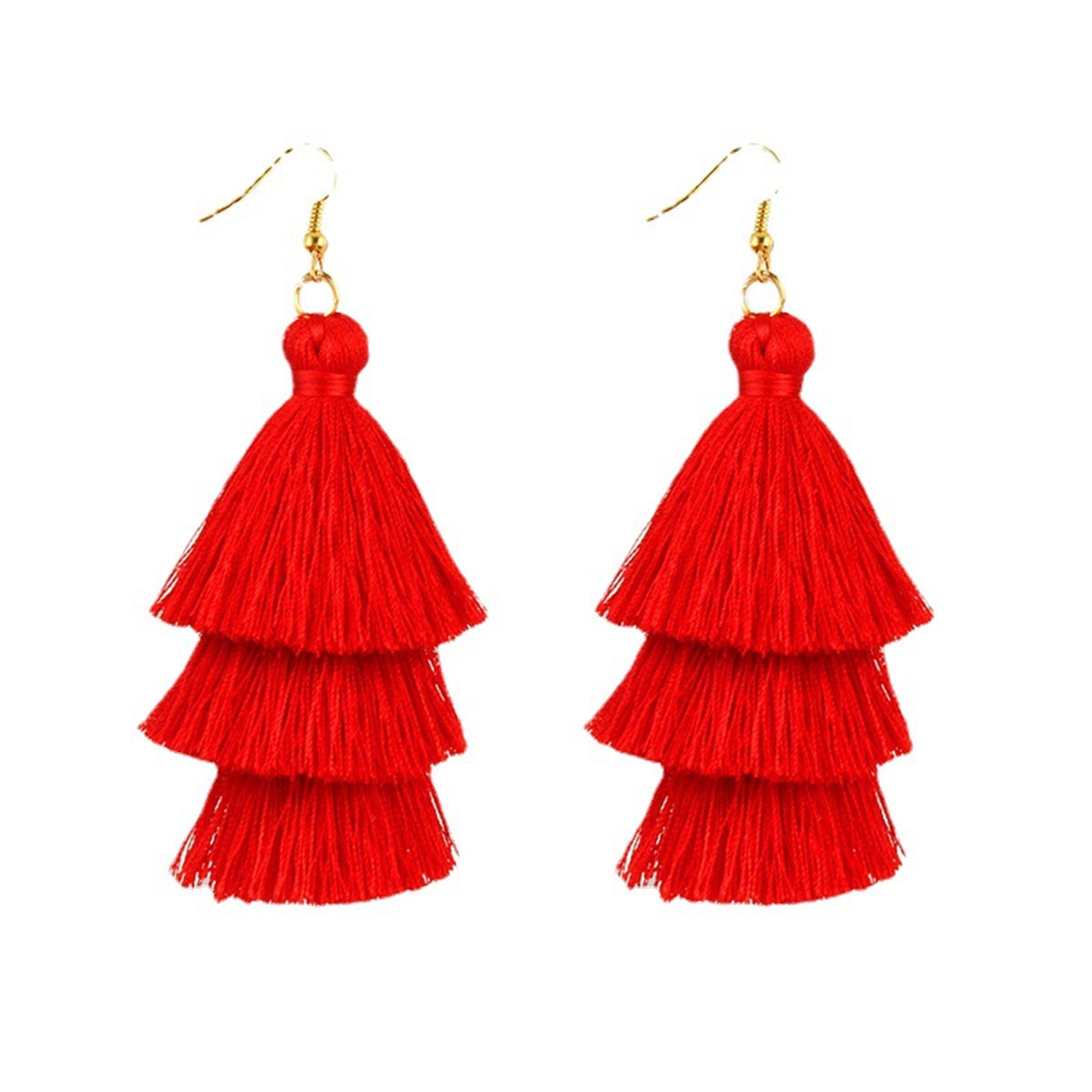Red Polyster and 18K Gold-Plated Tiered Tassel Drop Earrings, gold drop earrings for women, botanical inspired, side view