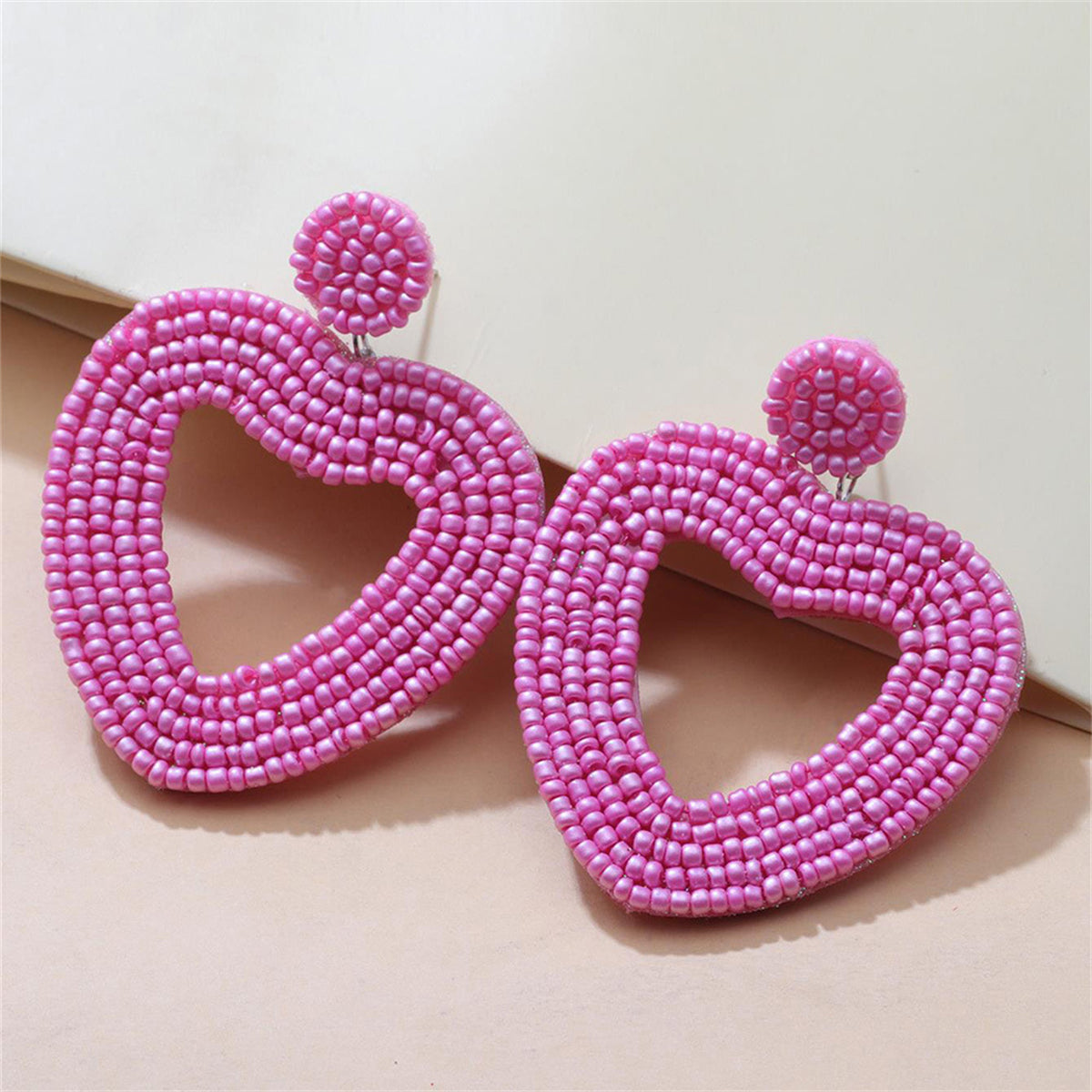 Pink Synthetic Howlite Openwork Heart Drop Earrings, drop earrings for women, botanical inspired, front view