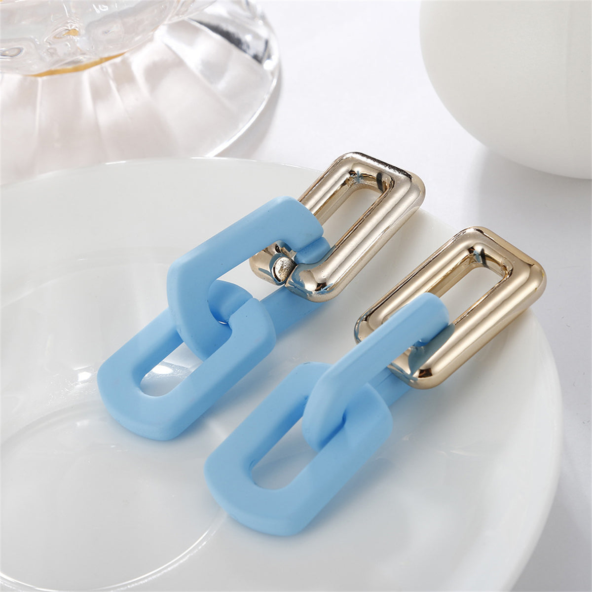 Blue Acrylic and 18K Gold-Plated Link Chain Drop Earrings, gold drop earrings for women, botanical inspired, front view
