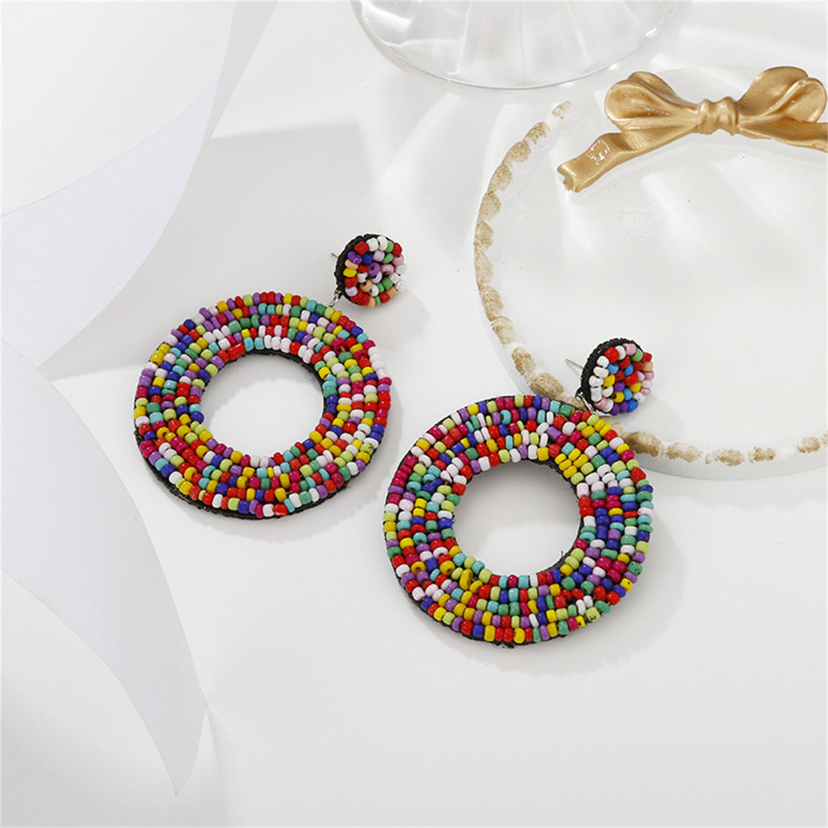 Red and White Beaded Round Drop Earrings, drop earrings for women, everyday style, front view