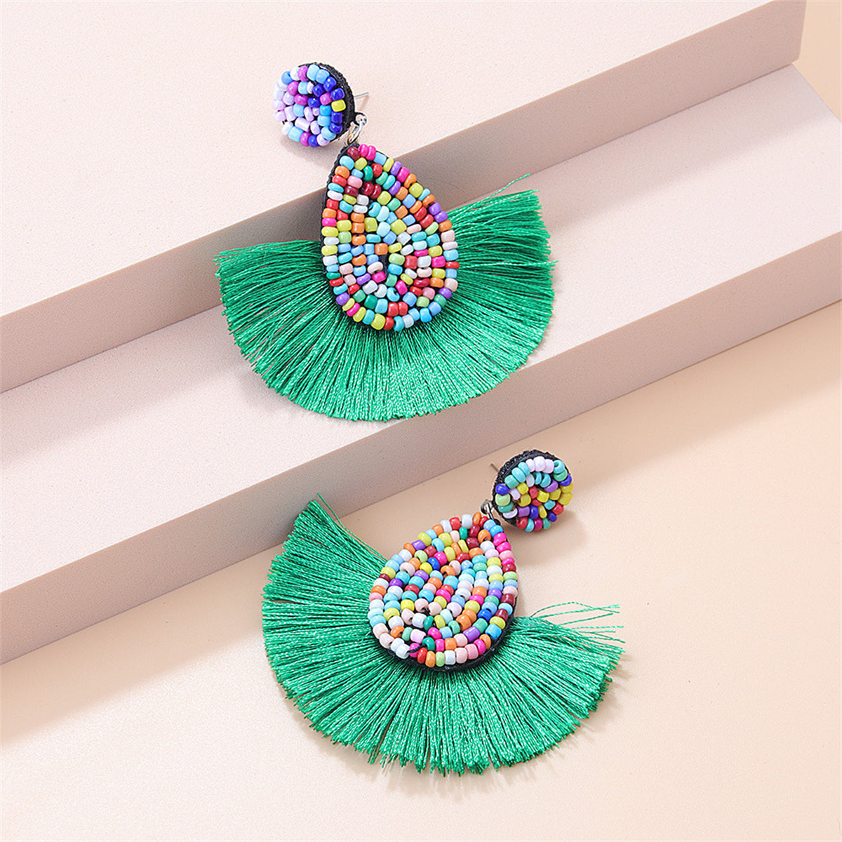 Green Tassel Fan Earrings, drop earrings for women, dainty minimalist design, front view