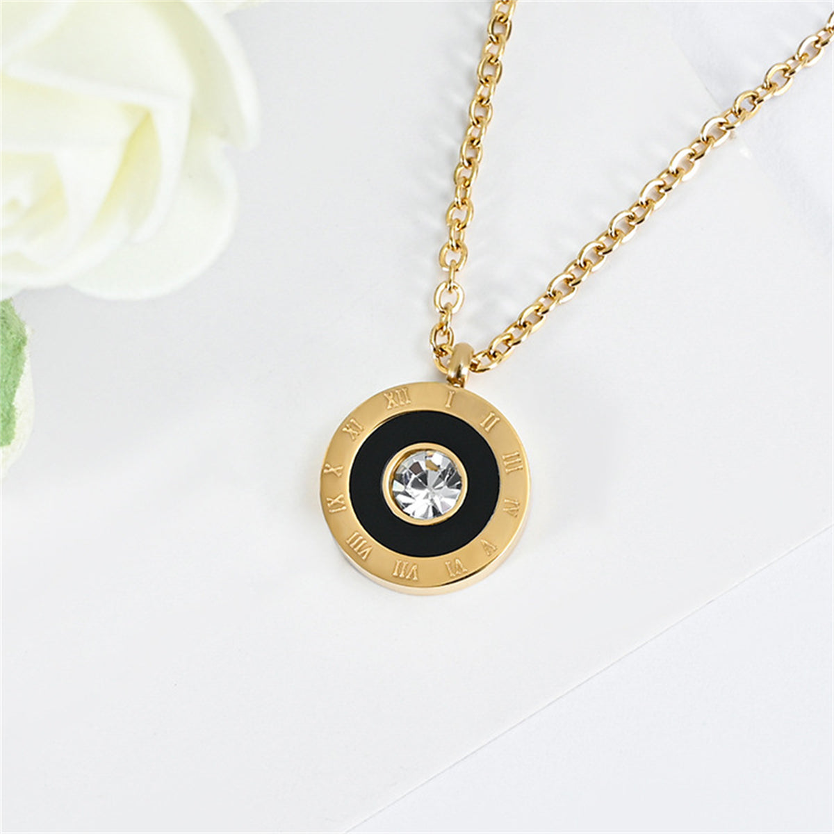 Black Acrylic and Cubic Zirconia 18K Gold-Plated Roman Numeral Pendant Necklace, gold pendant necklace for women, front view