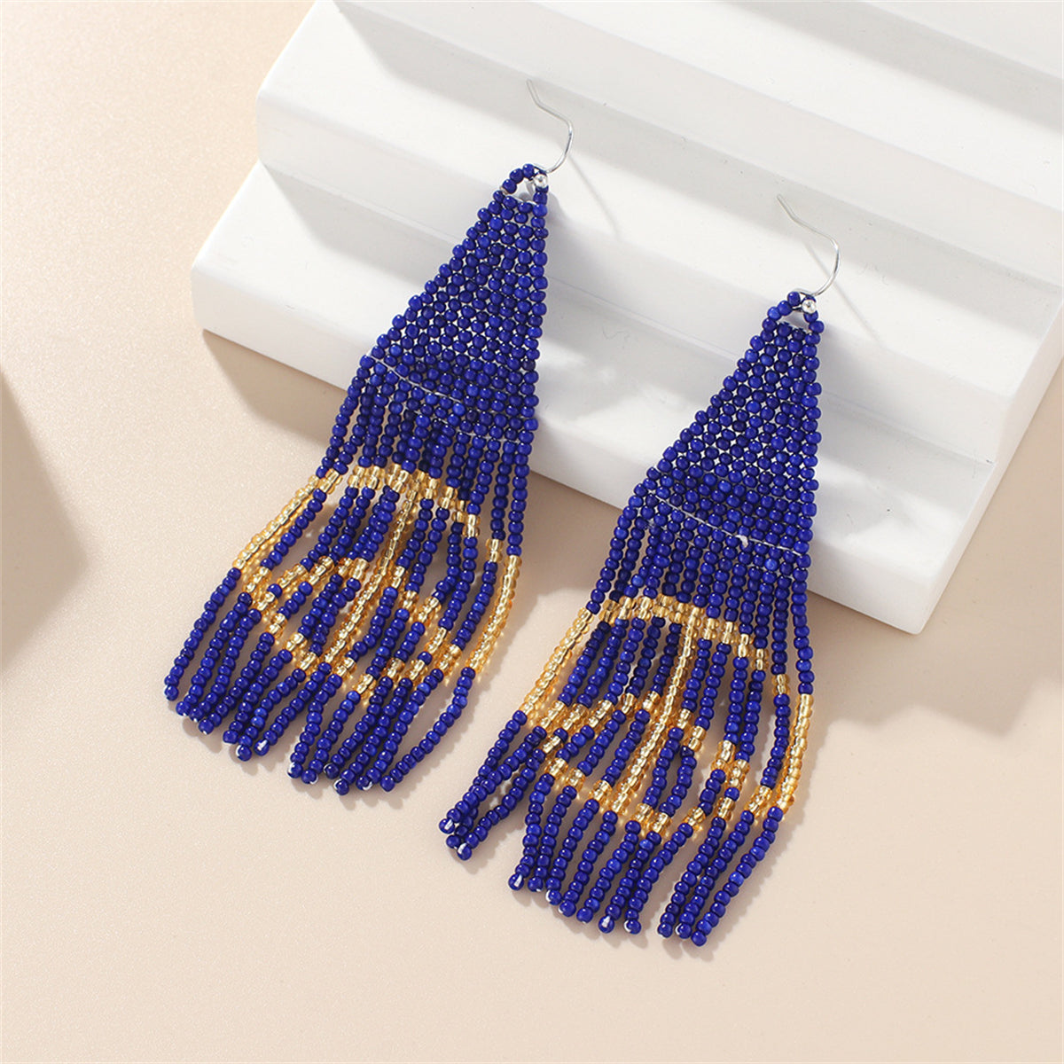 Blue and White Howlite Peace Sign Tassel Drop Earrings, drop earrings for women, vintage-inspired design, side view