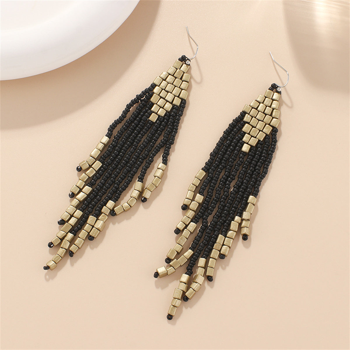 Black and Champagne Tassel Beaded Drop Earrings, drop earrings for women, dainty minimalist design, side view
