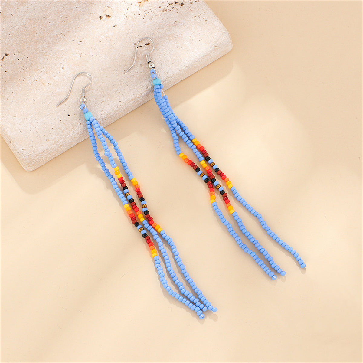 Blue Howlite and Silver-Plated Tassel Drop Earrings, silver drop earrings for women, vintage-inspired design, side view