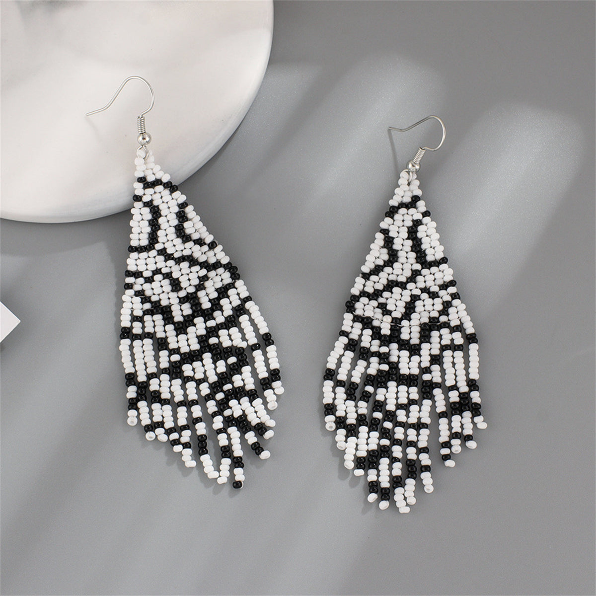 White Howlite and Silver-Plated Bead Tassel Drop Earrings, silver drop earrings for women, botanical inspired, side view